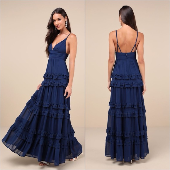 Lulus Dresses & Skirts - Lulus Lavish Perfection Ruffle Tiered Maxi Dress XS Navy Blue Chiffon Formal